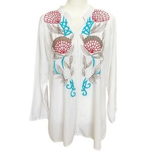 A&A Women’s Size XL White Tunic Embroidered Shells Boho Beachy Summer Casual